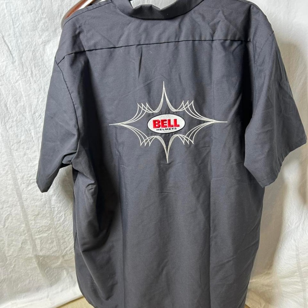 Vintage Mens XXL Bell Helmets Racing Black Short Sleeve button Shirt Embroidered